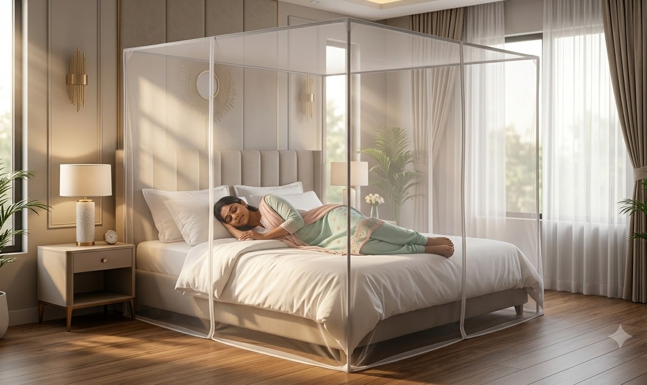 Venetz mosquito net installed in a customer bedroom, view 1