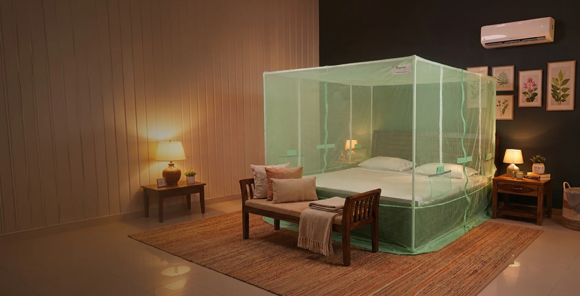 A comfortable bedroom protected by a Venetz mosquito net