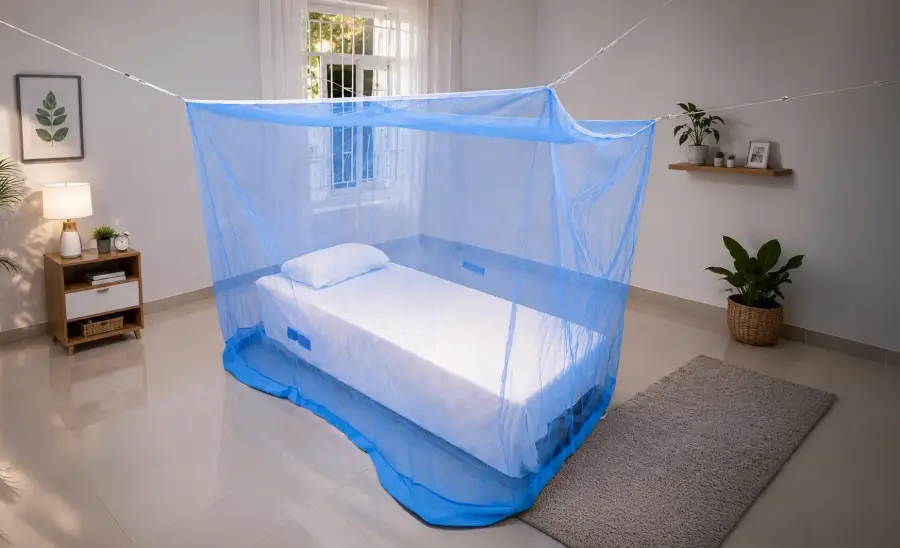 Blue 30-Second mosquito net around a bed