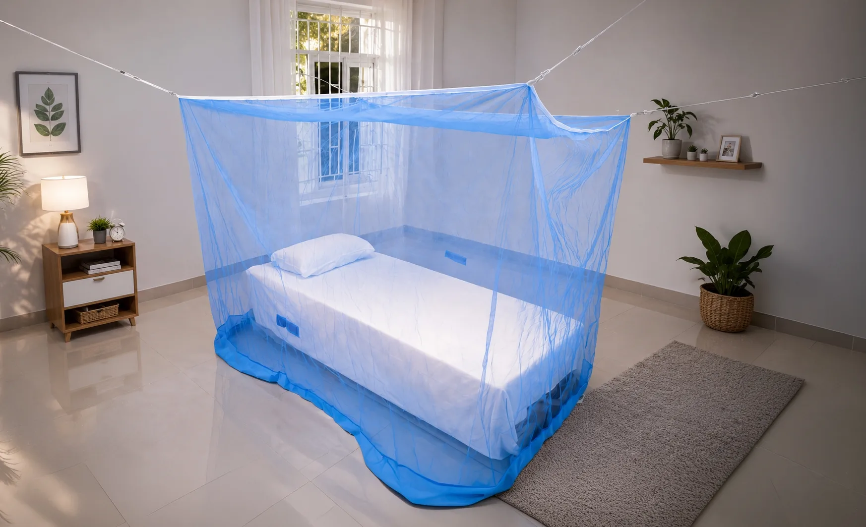 Blue 30-Second mosquito net around a bed